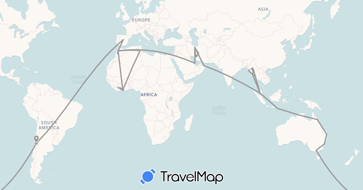 TravelMap itinerary: driving, plane in Australia, Côte d'Ivoire, Chile, Spain, Indonesia, Iran, Morocco, Myanmar (Burma), Malaysia, Oman, Qatar, Tunisia (Africa, Asia, Europe, Oceania, South America)